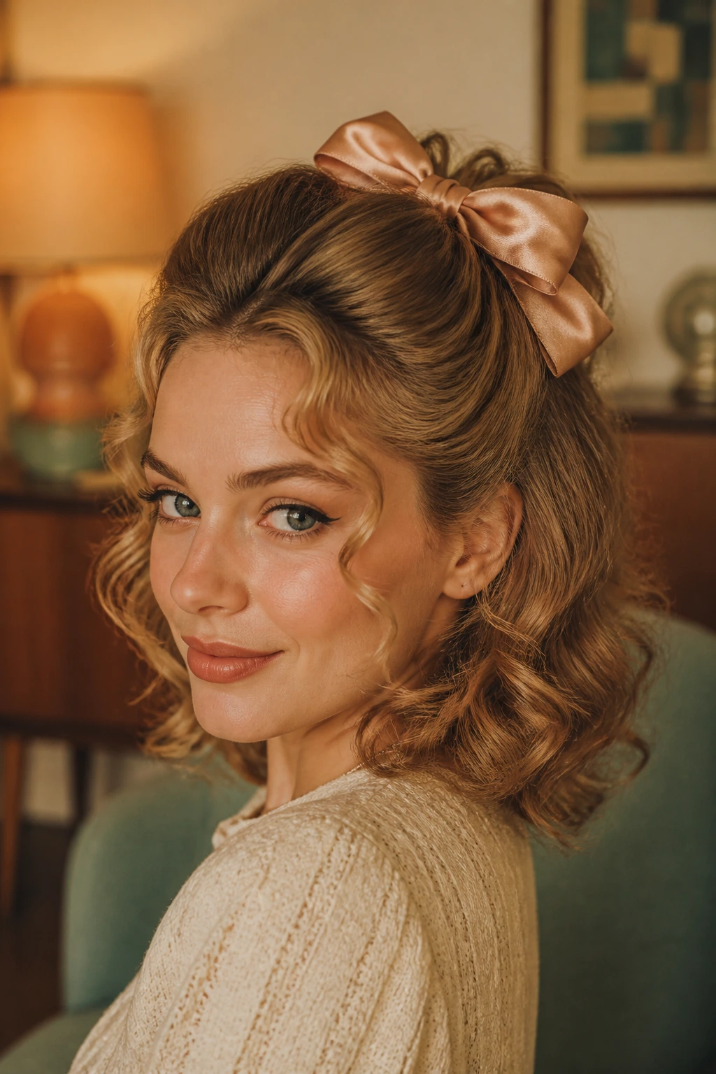 Real woman with retro ribbons and a silk bow in a half-up hairstyle