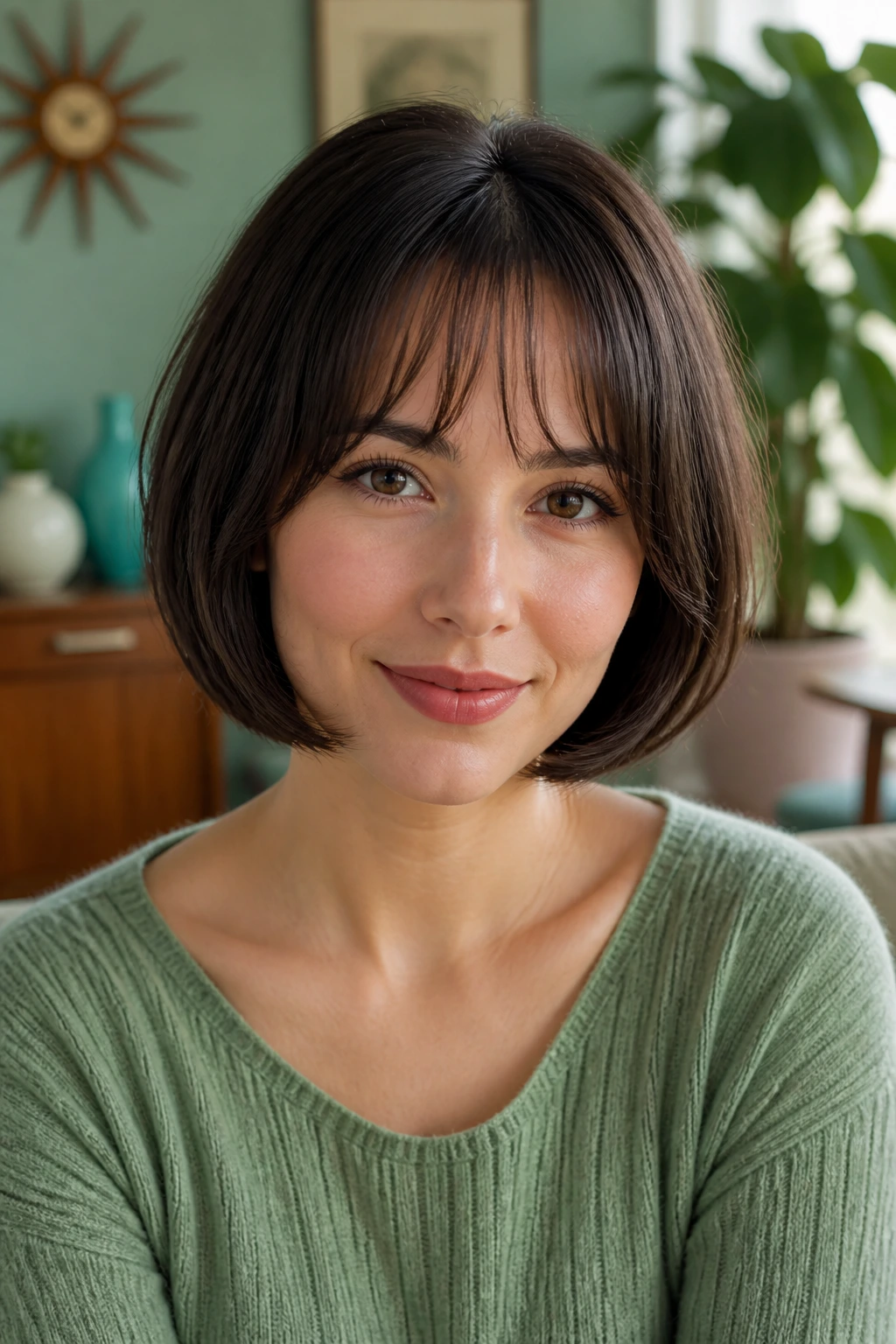 Close-up of a real person with retro rounded bob and wispy curtain bangs in a mid-century setting.