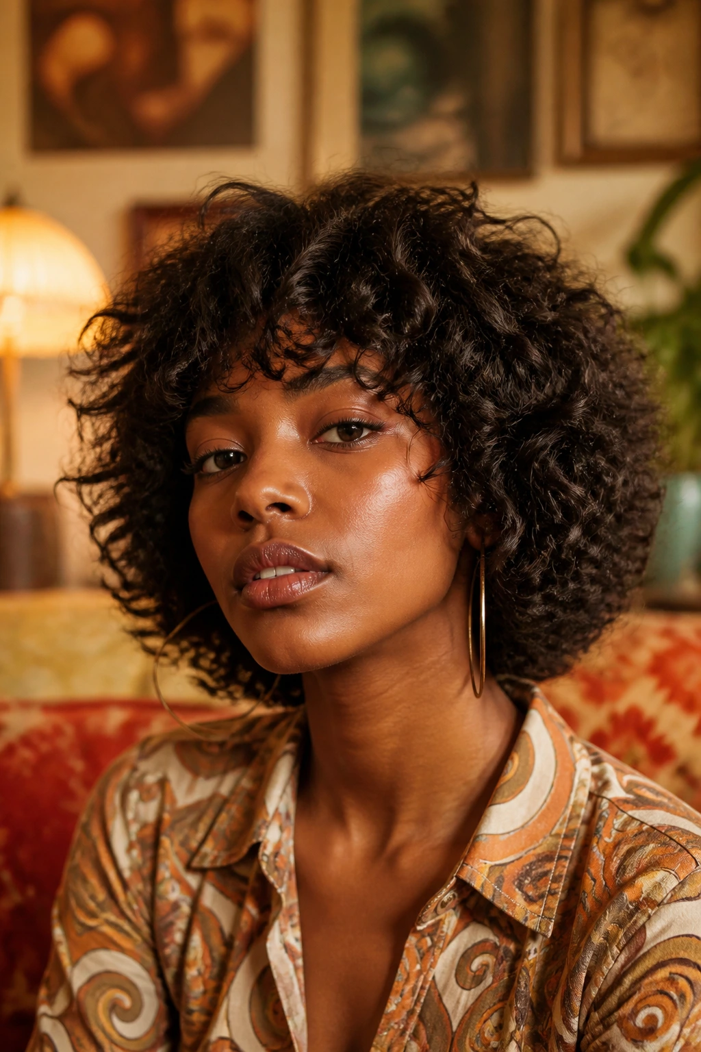Close-up portrait of a real person with chin-length retro shag feathered ends