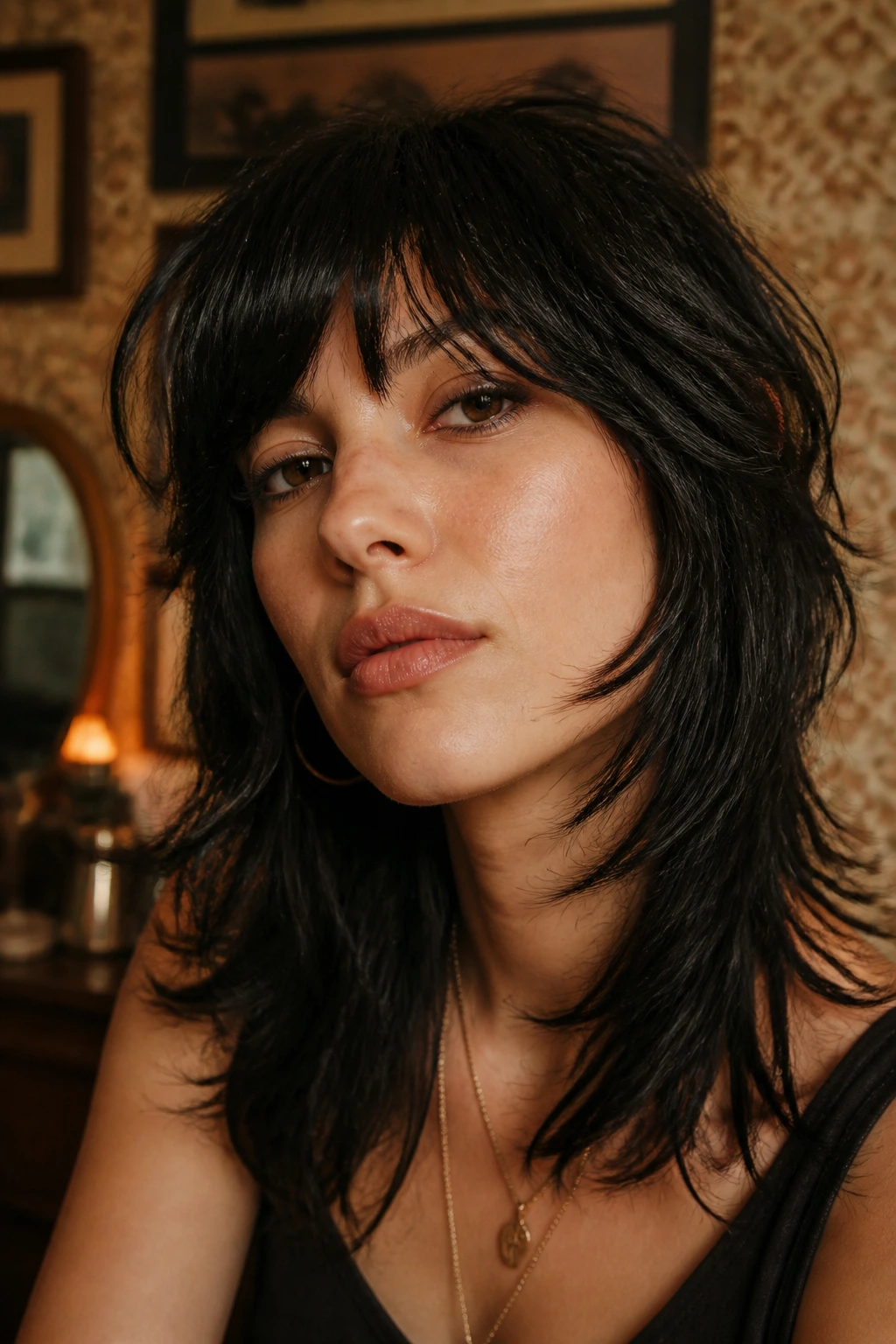 Close-up of a woman with a heavy layered shag fringe and textured hair