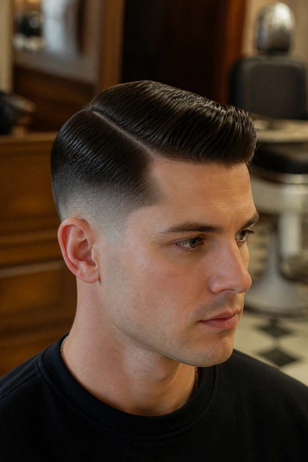 Close-up portrait of a man with retro side-part and clean taper shave in a barbershop setting.