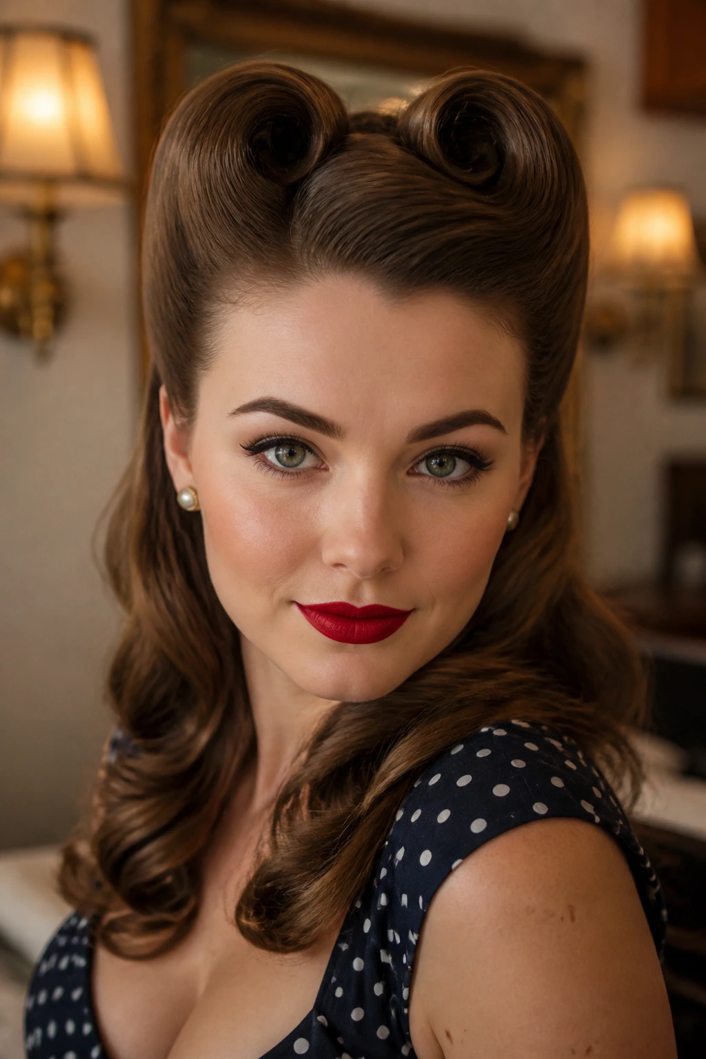 Close-up portrait of a real person with front victory rolls tucking in short bangs
