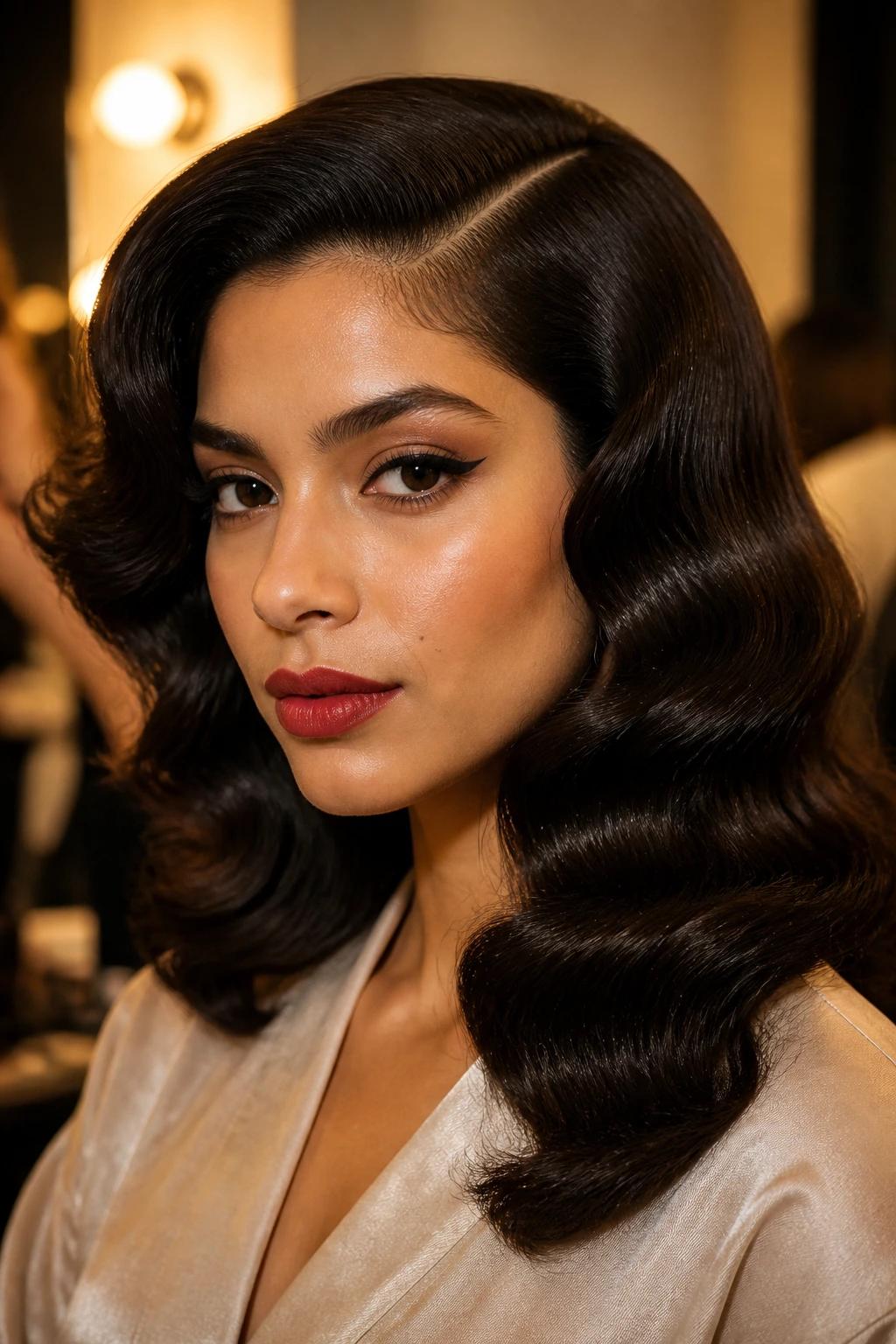 Close-up of a real woman with vintage retro waves and side part