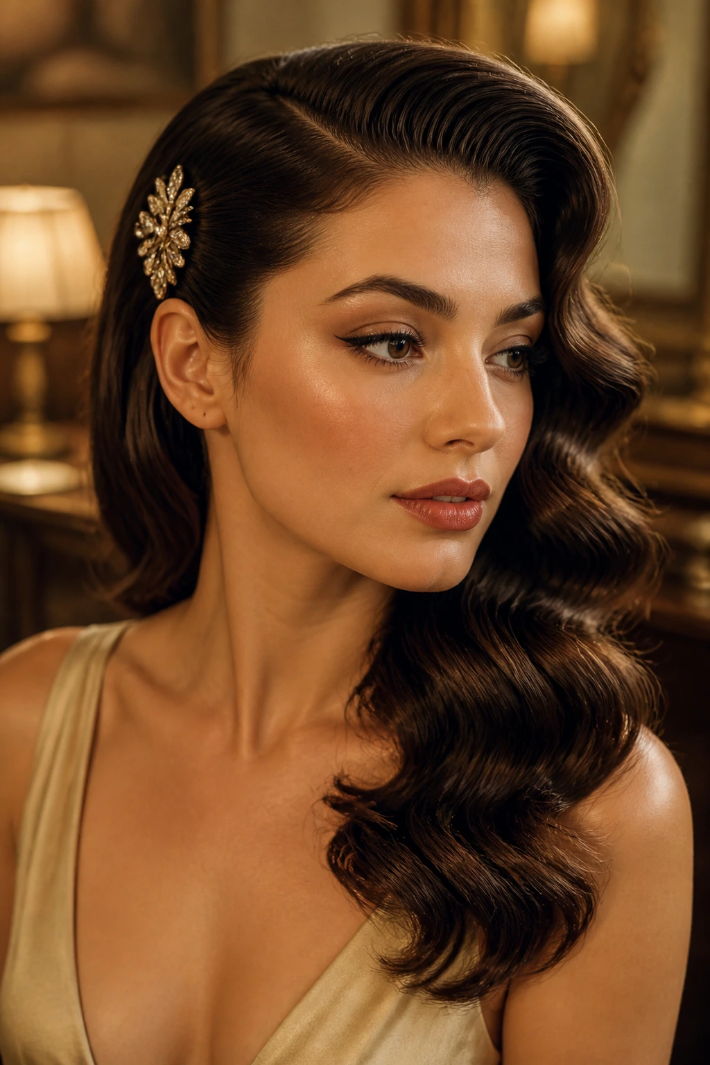 Close-up of a real woman with retro side-pinned waves and decorative clip