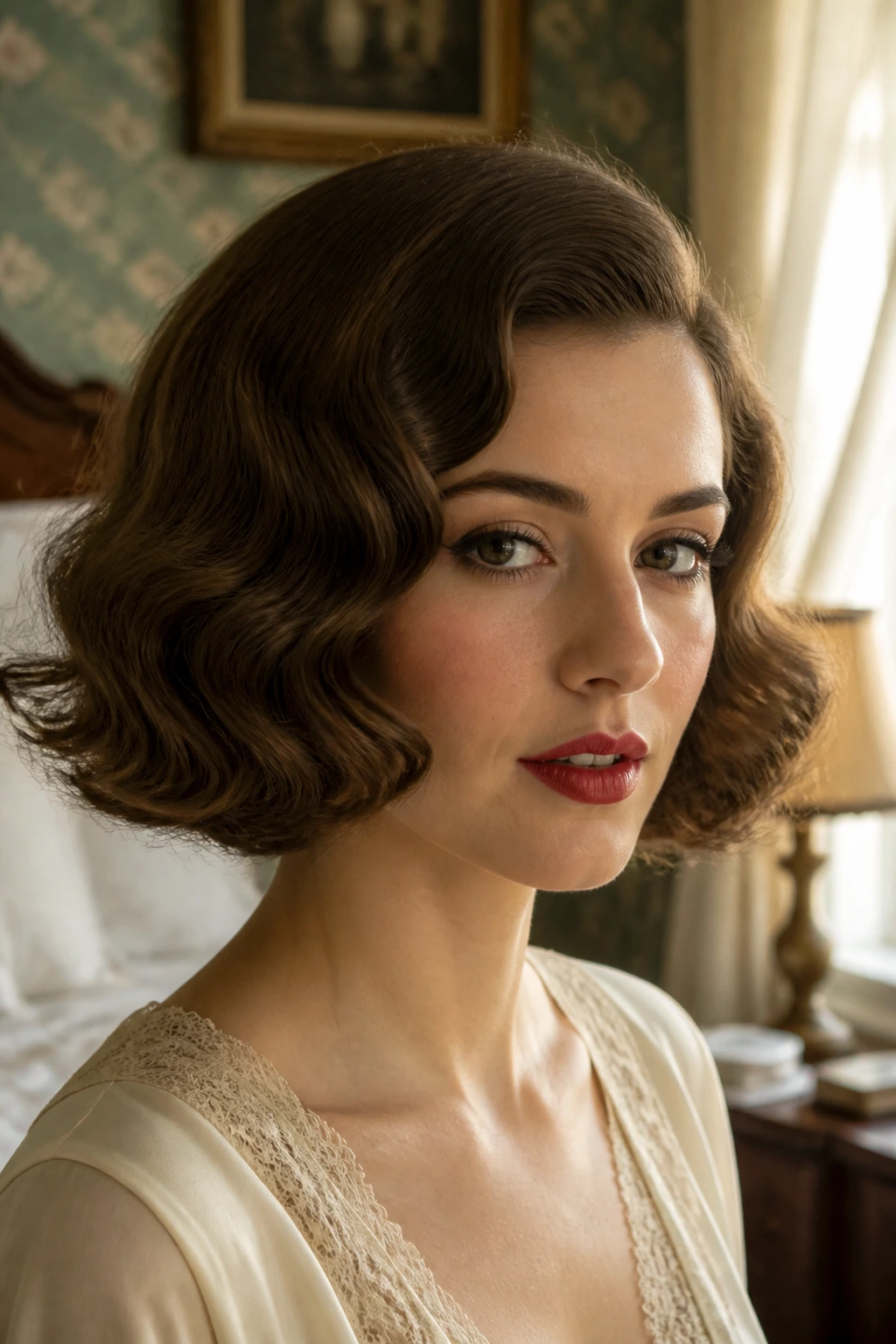 Close-up portrait of a real woman with a retro-inspired wavy bob framing her jawline.