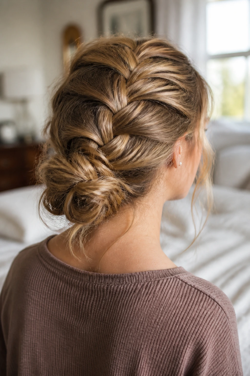 Close-up of the back of a real woman's head showing a reverse French braid into a messy bun