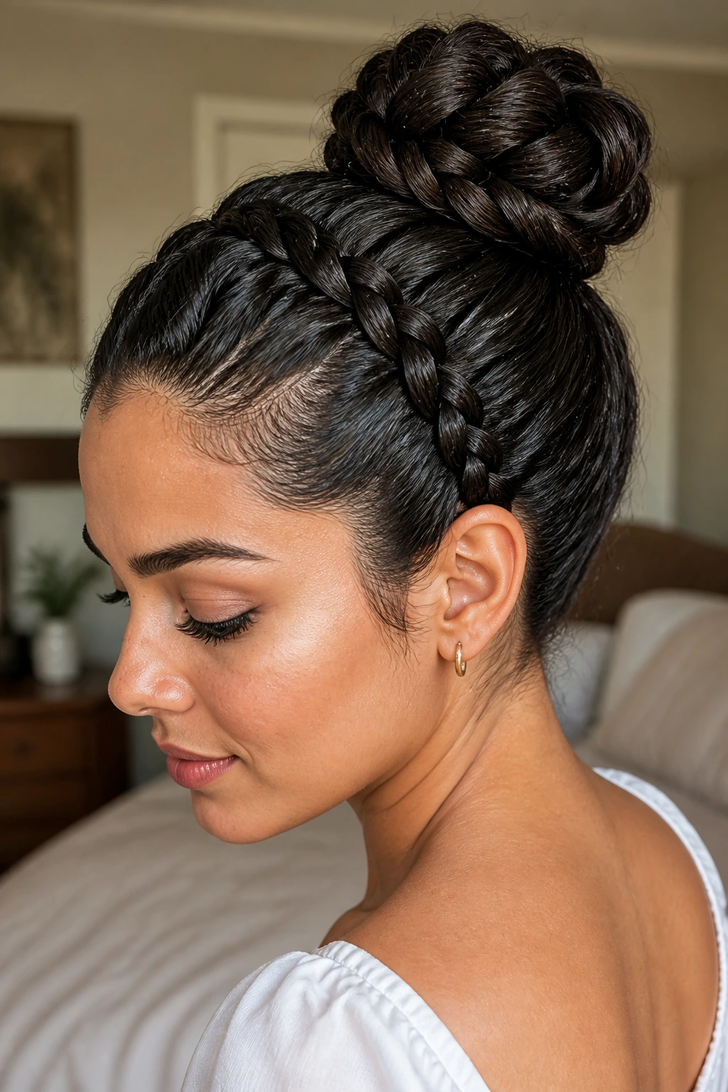 Close-up of a real woman with a reverse braid bun at the crown, warm window light