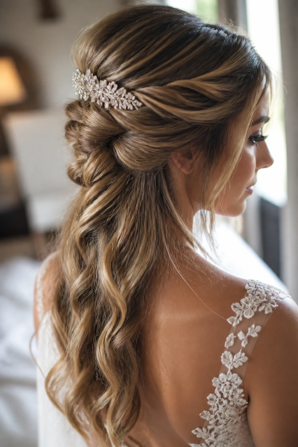 Close-up of a bride with a reverse braided half-up hairstyle at crown height