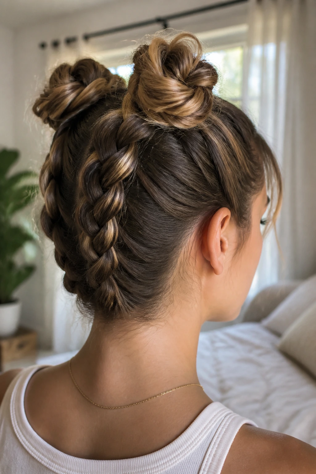 Close up of a real woman with a reverse braid from nape to crown and two high buns