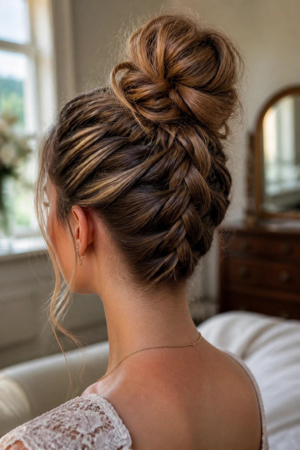 Close-up of a real woman with a reverse Dutch braid bun in warm window light