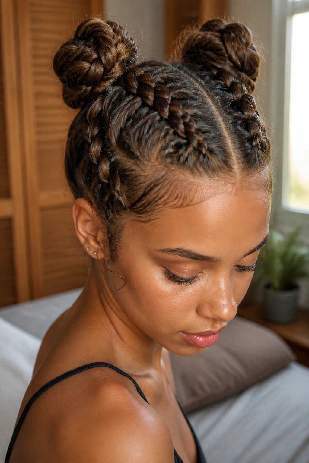 Close-up portrait of a real woman with reverse Dutch double braids from nape to crown