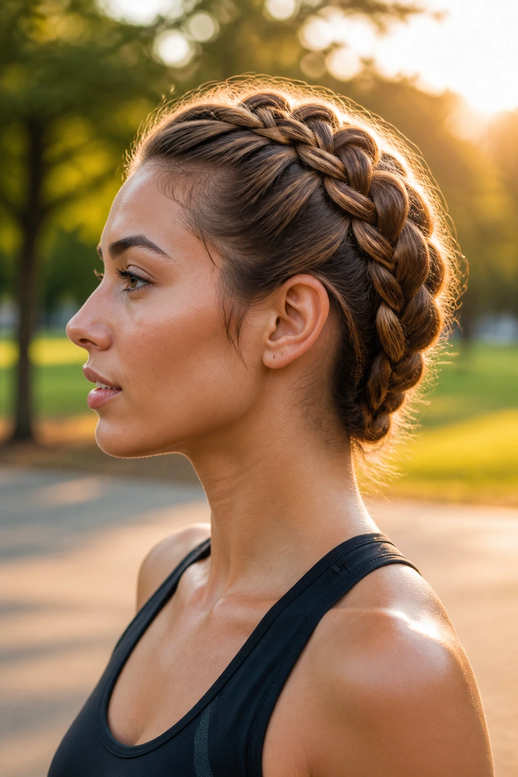 Side-profile of a real woman with a reverse-flip braid in an outdoor park setting