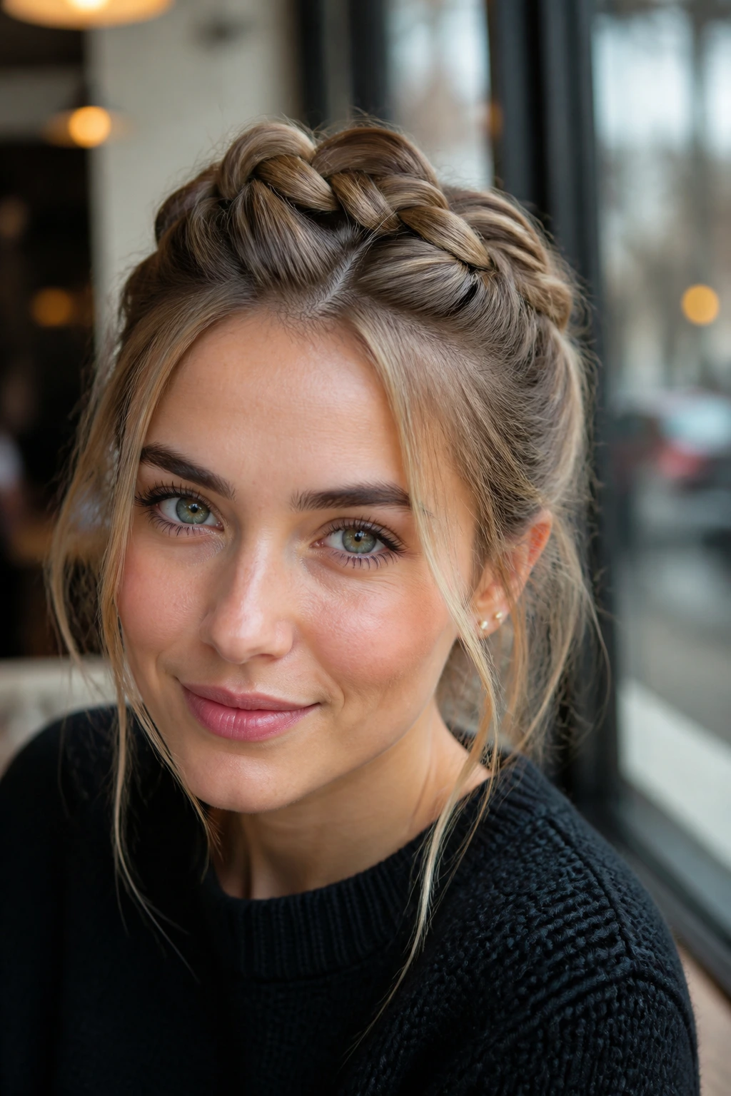 Close-up of a real woman with a reverse French braid perched on top of the head