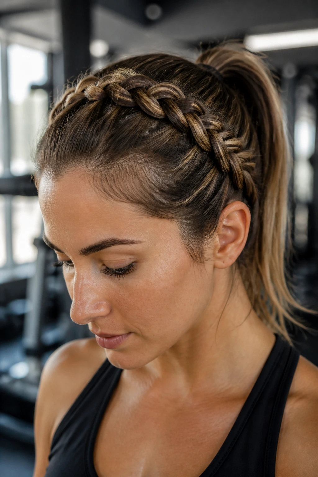 Close-up of a real woman with a reverse French braid headband along the crown