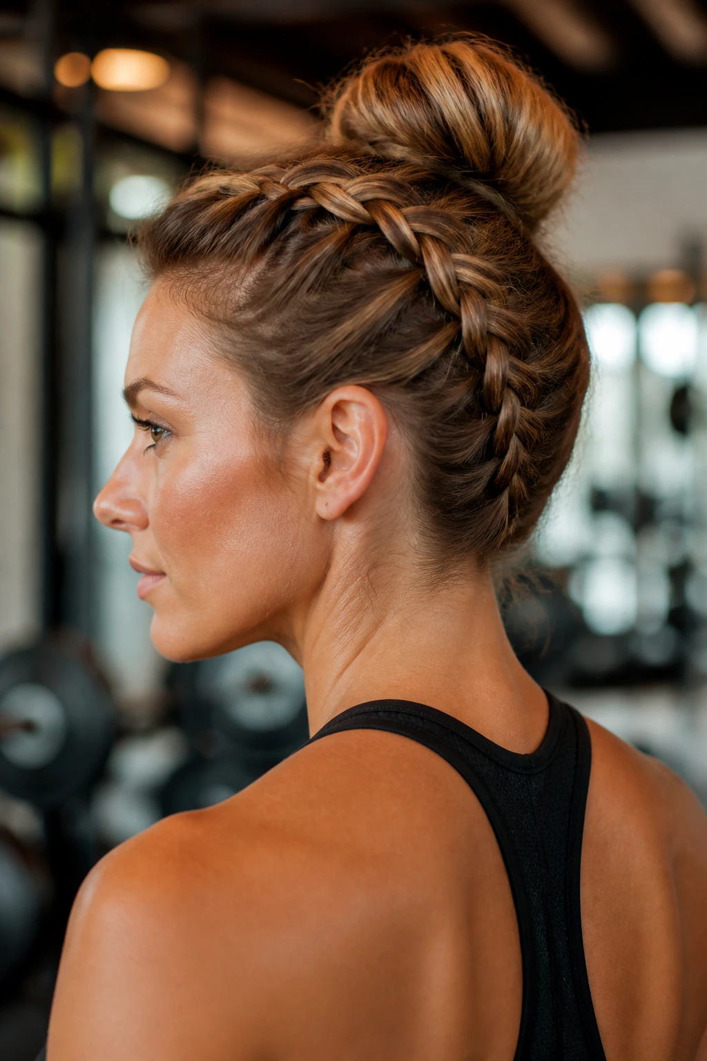 Profile view of a real woman with a reverse French braid updo during workout