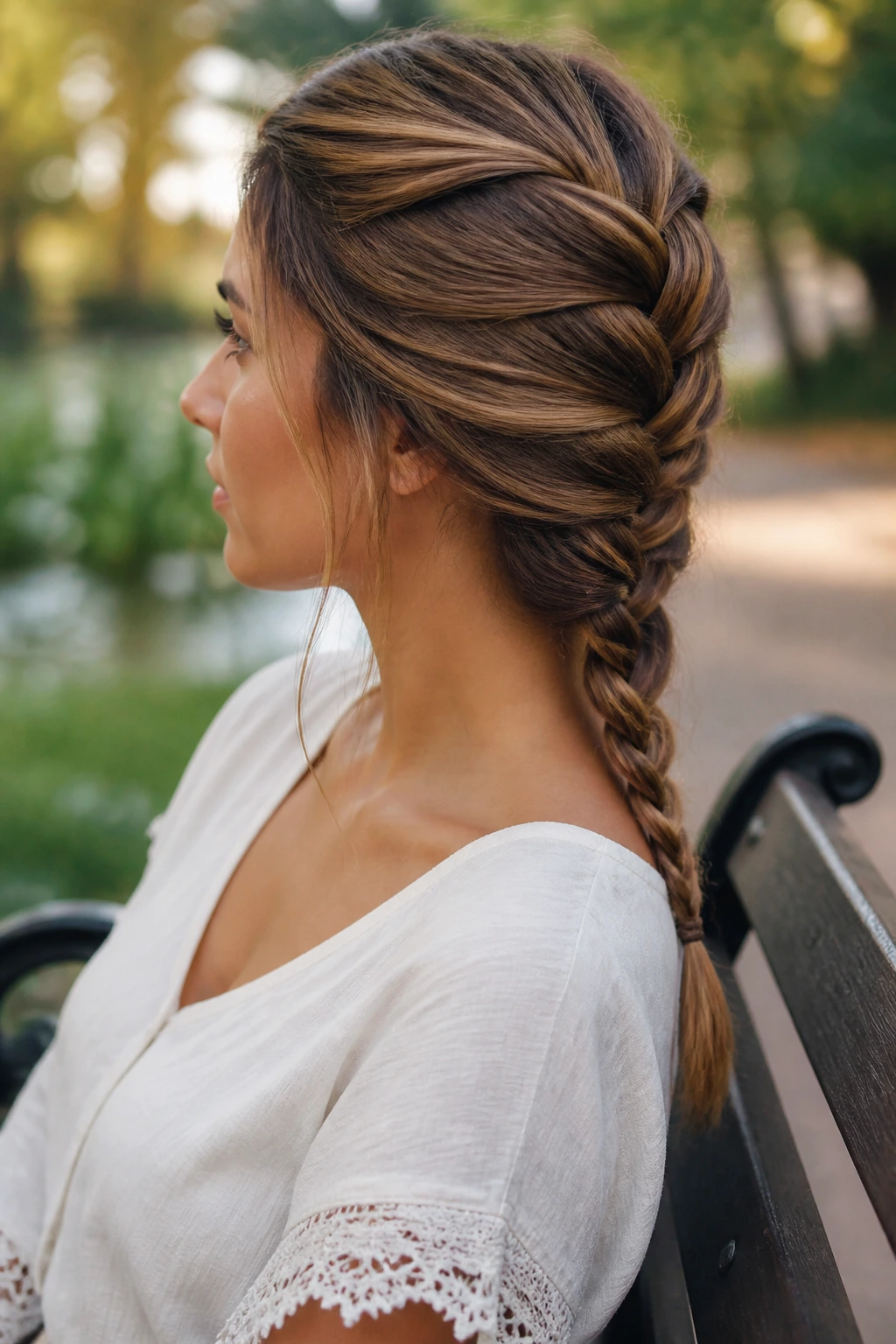 Side portrait of a real woman with reverse-tapered banana braid