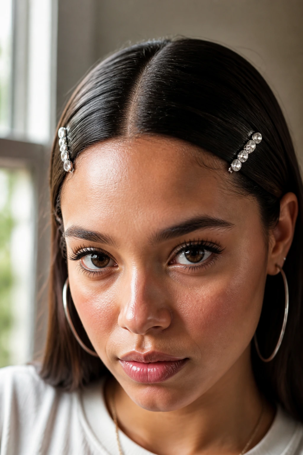 Close-up of a real woman with a straight middle part and rhinestone pins on each side.