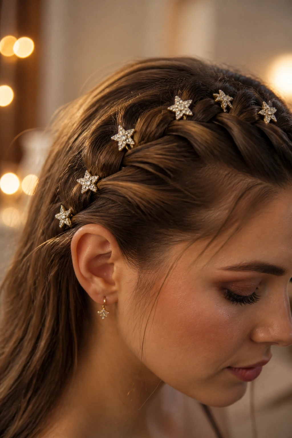 Dutch braid with rhinestone star pins on a real person