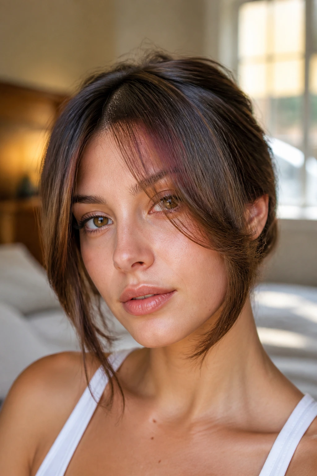 Close-up portrait of a woman with sliced face-framing ribbon bangs, warm window light