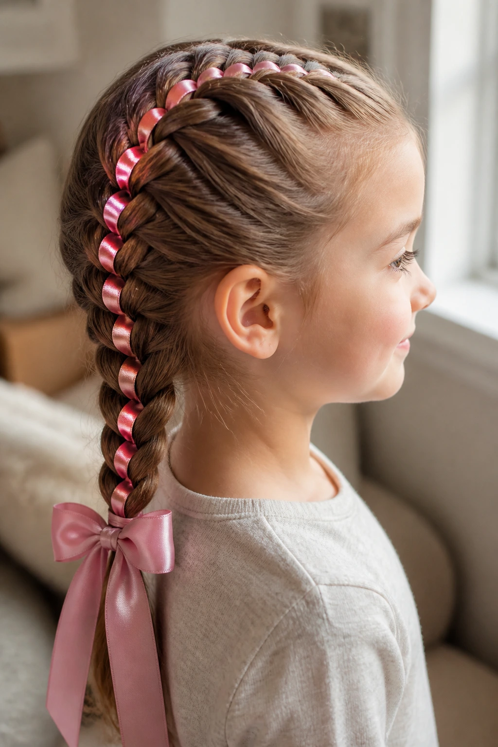 Profile view of a ribbon-laced French braid with bow on real child