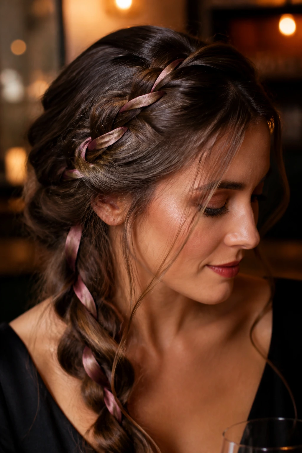 Close-up of a real woman wearing an intertwined ribbon braid with a thin velvet ribbon