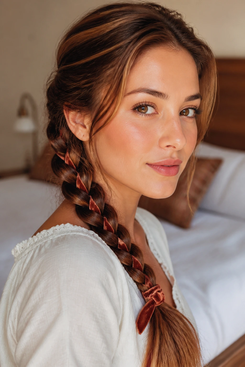 Close-up of a real woman with a woven ribbon side plait.