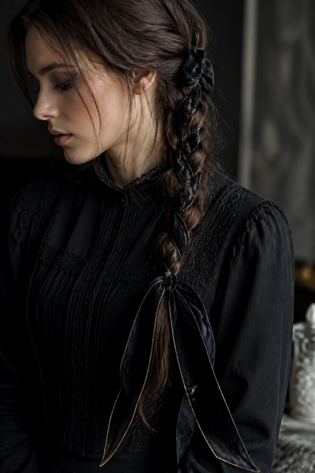 Close-up of a real woman's braid woven with black velvet ribbon