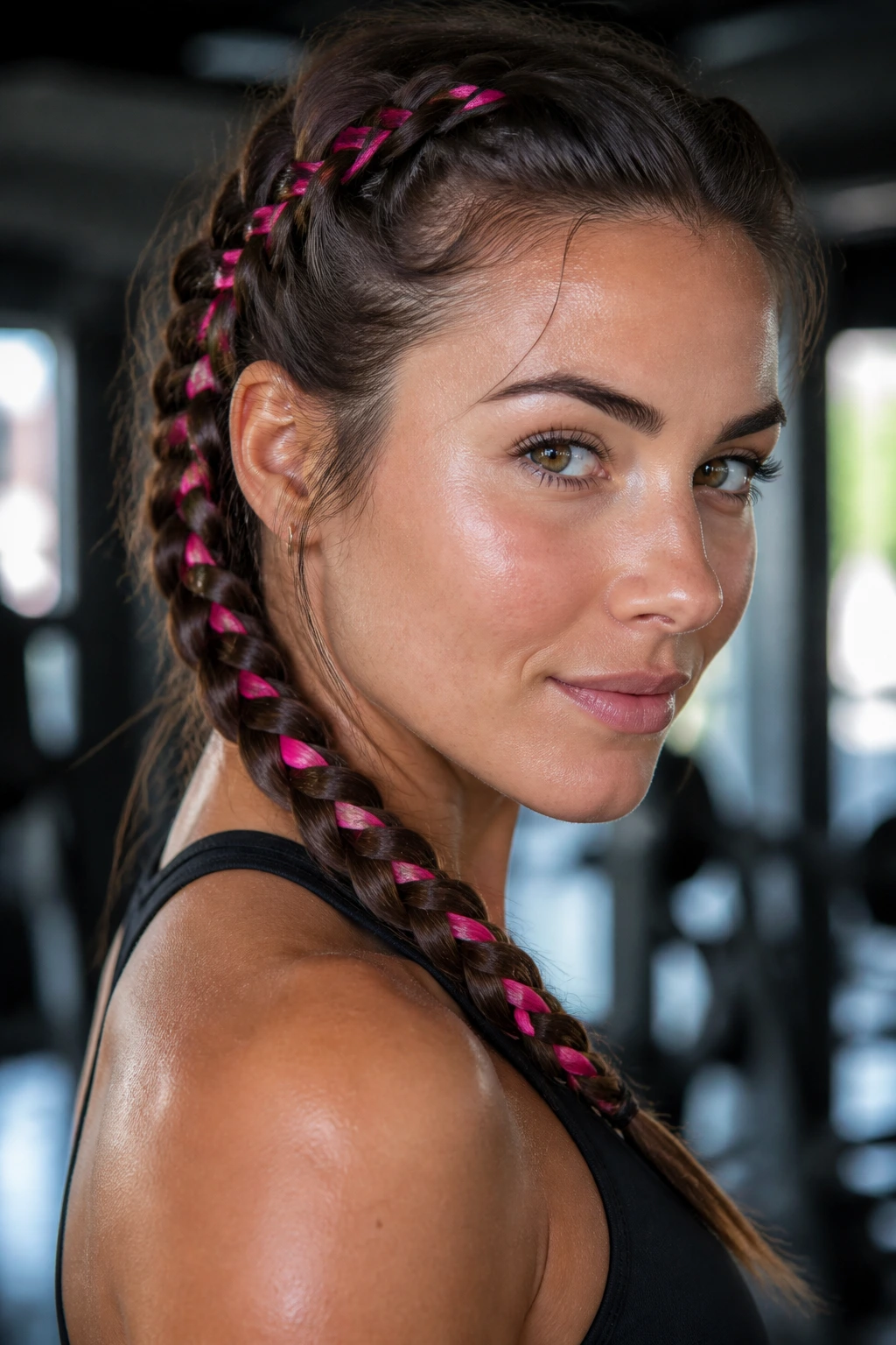 Close-up of ribbon-reinforced braid on a real athlete in gym, ribbon woven into hair