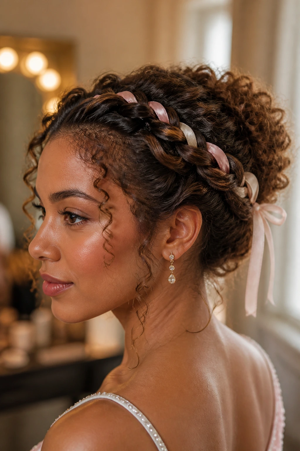 Close-up of ribbon-wrapped braids on a real woman with curly hair