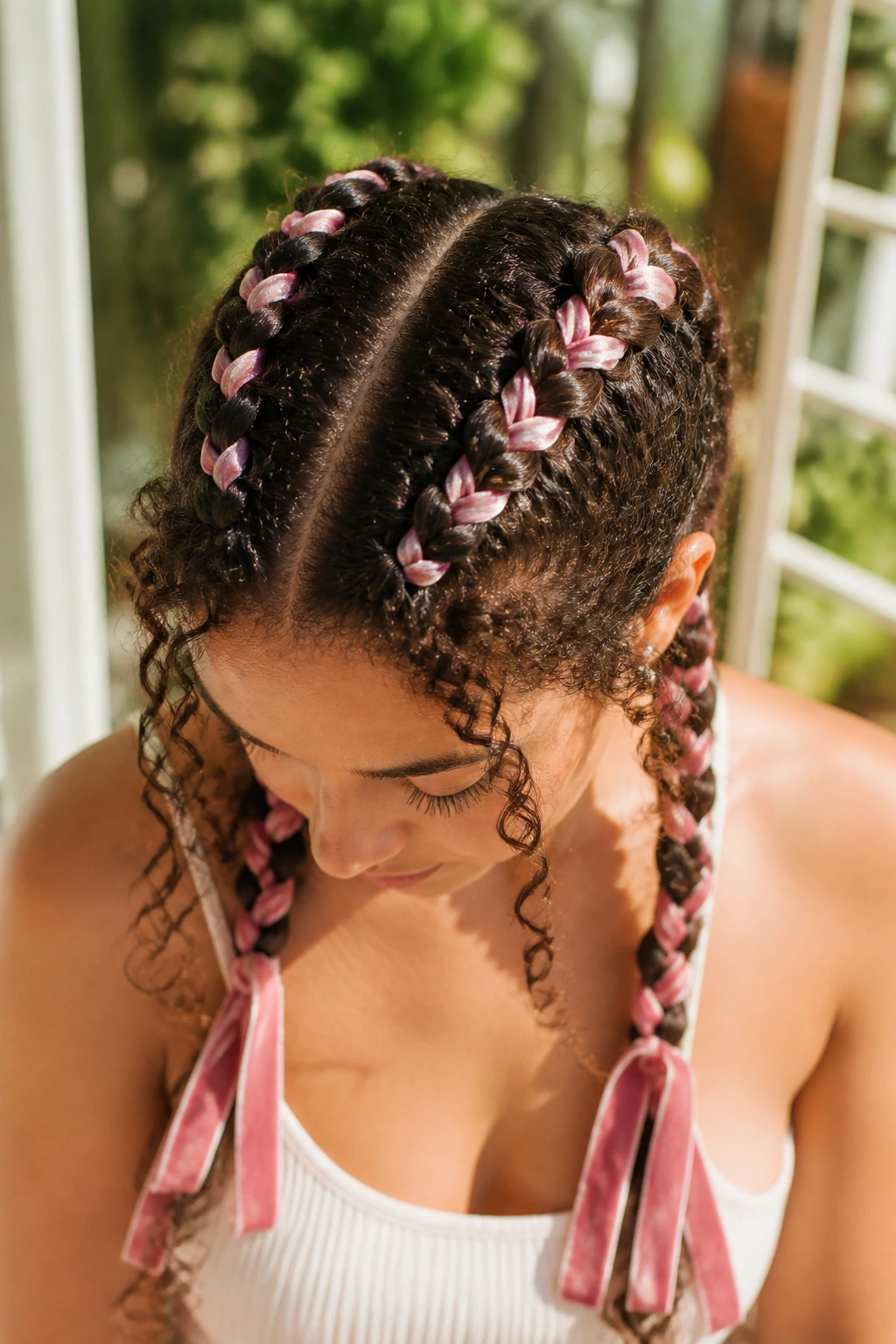 Close-up of two Dutch braids with ribbons woven through on a real person, natural daylight.