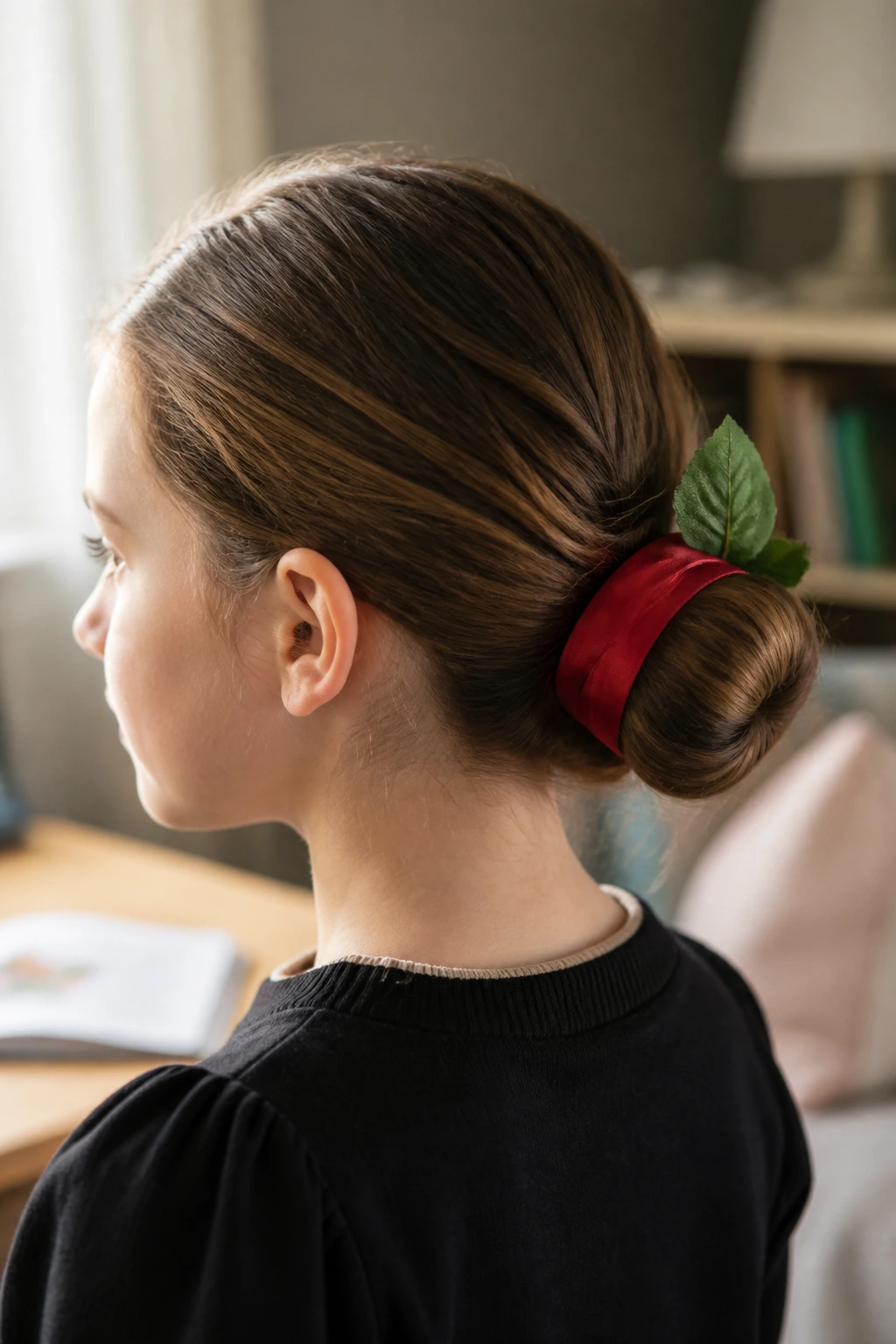 Close-up of child with a red ribbon-wrapped low bun and green leaf.