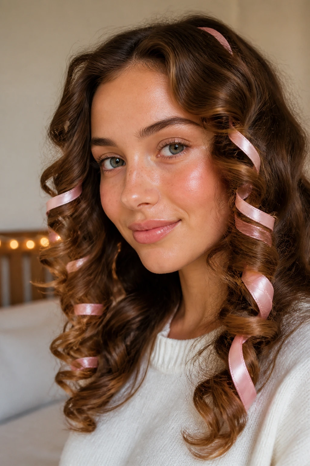 Real person with satin ribbon curls for varied texture.