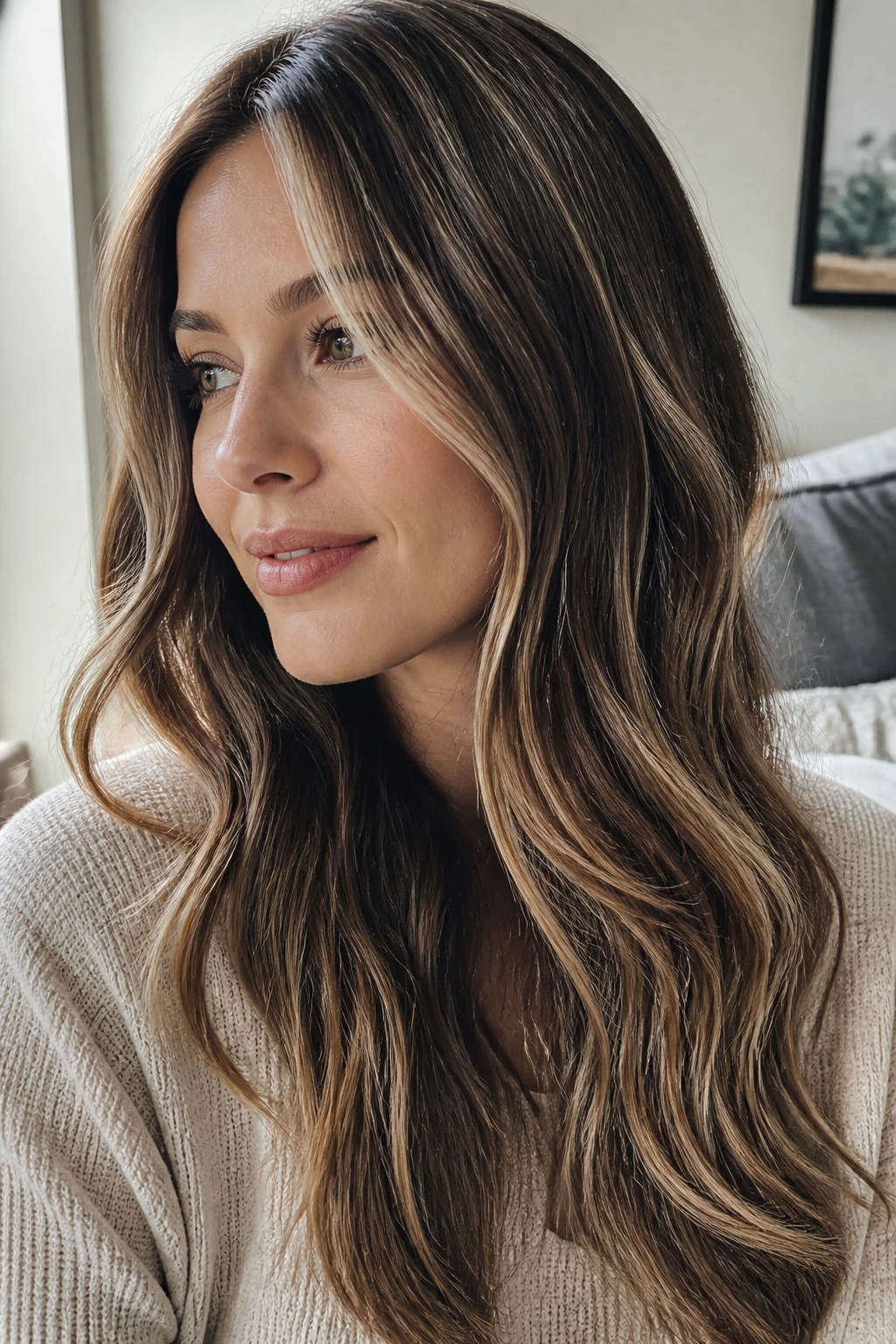 Portrait of a real person with delicate ribbon highlights woven through brown hair.