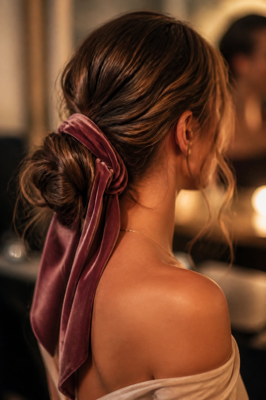 Close-up of a real woman with a velvet ribbon wrapped around the chignon