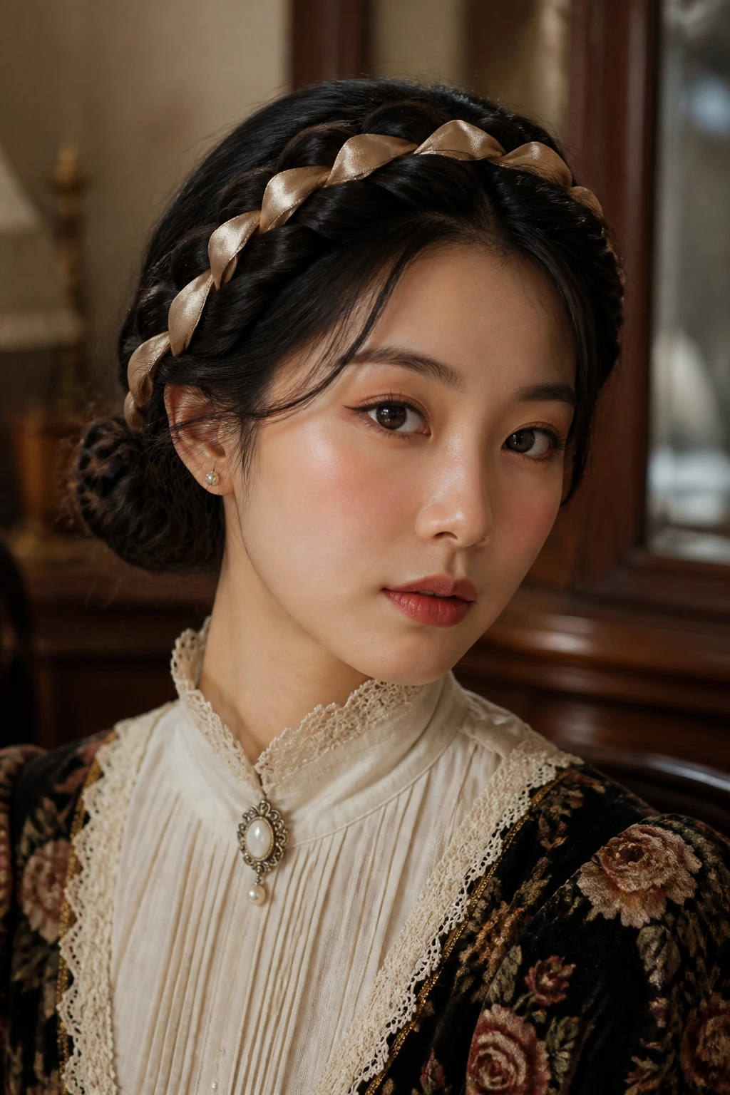 Close-up of Victorian Ribbon-Laced Braid with silk ribbon woven into a bun