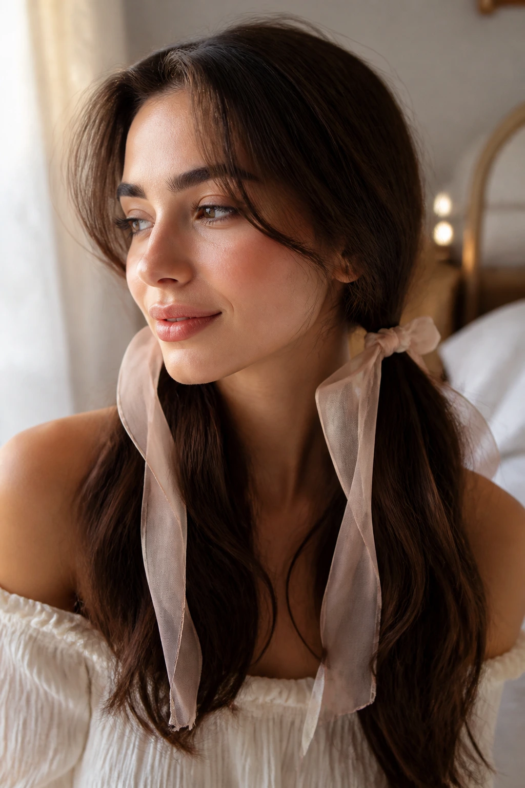 Close-up of a real woman with chiffon-ribbon tied low pigtails in soft light.