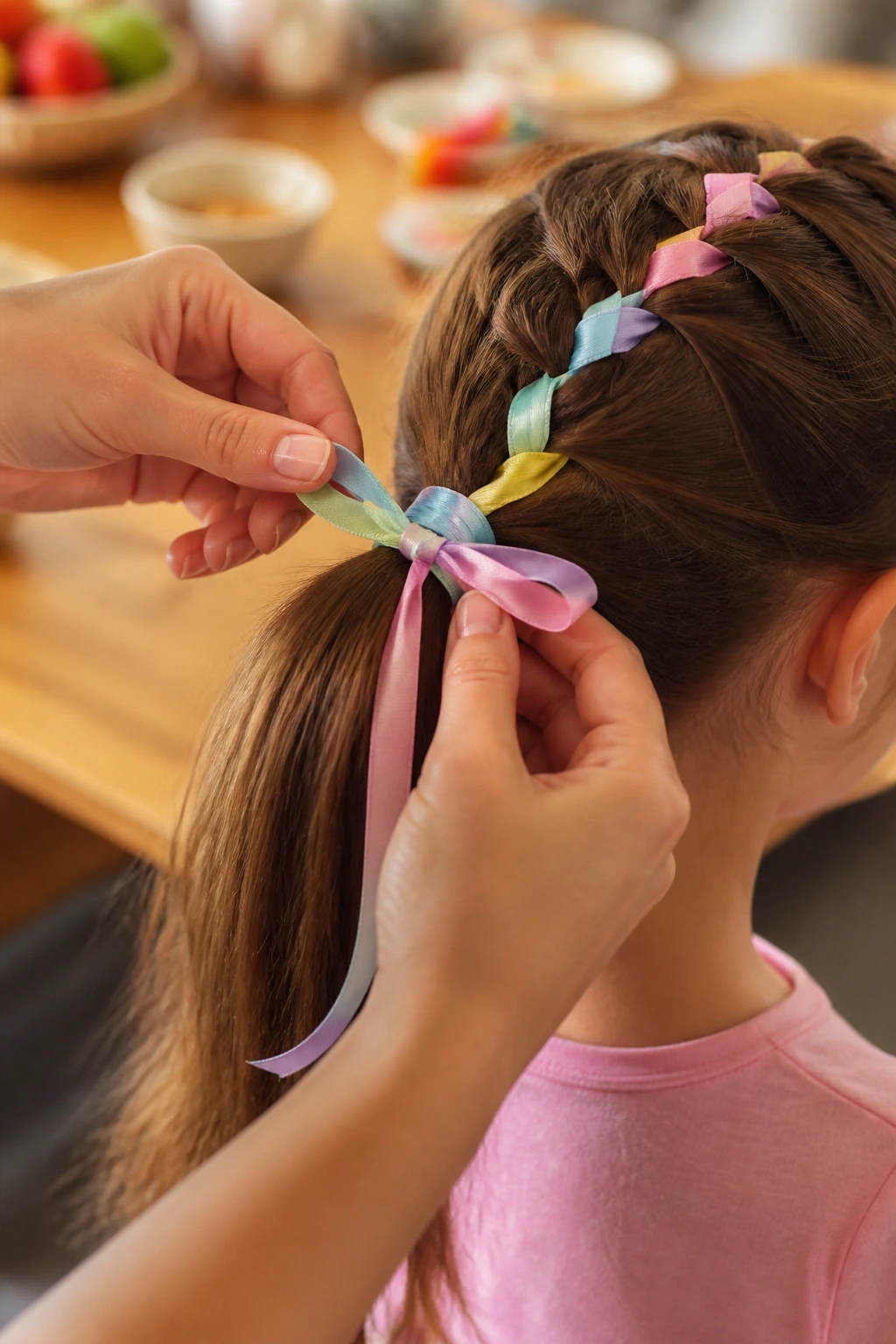 Close-up of hands tying a ribbon around a child's ponytail