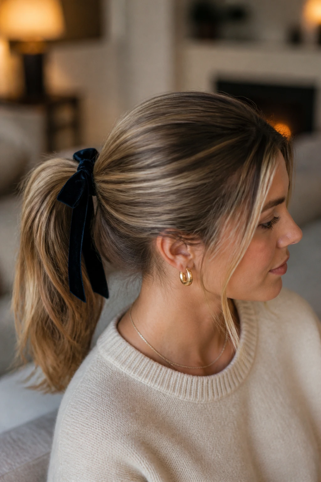 Portrait of a real person with a mid-ponytail and ribbon tied around the elastic