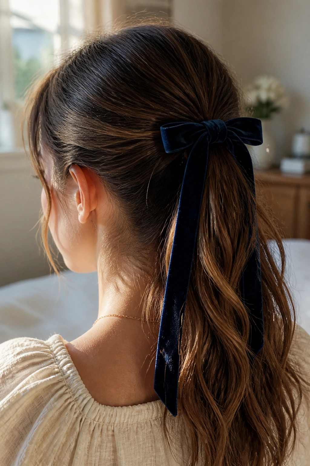 Close-up of a real person with a velvet ribbon-wrapped ponytail