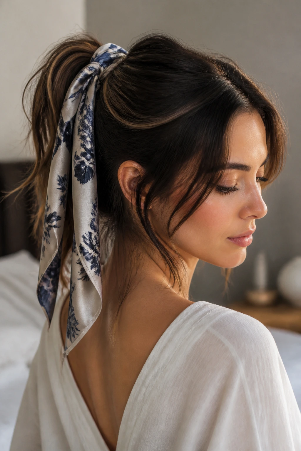 Close-up of a real woman with a silk ribbon accent on a ponytail.