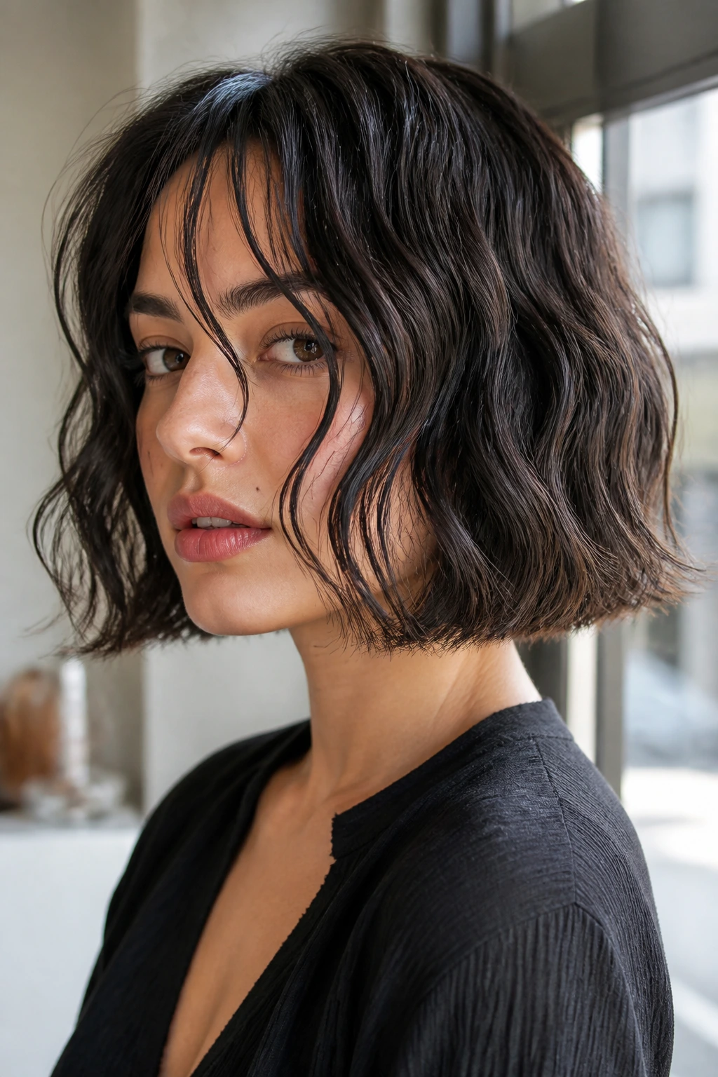 Close-up portrait of a real person with a ribbon-textured bob
