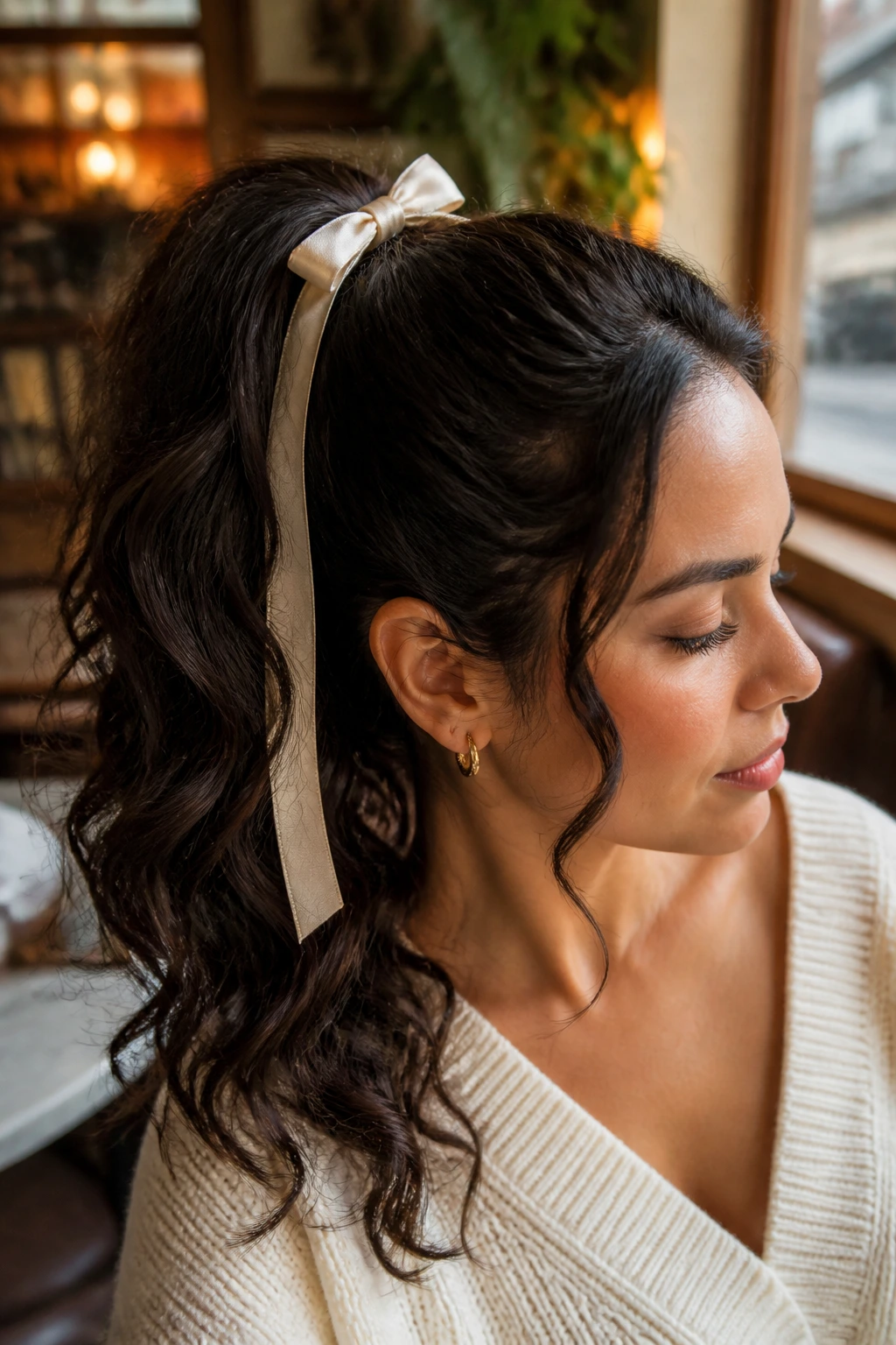 Close-up of a real woman with a ribbon-tied ponytail and flowing curls
