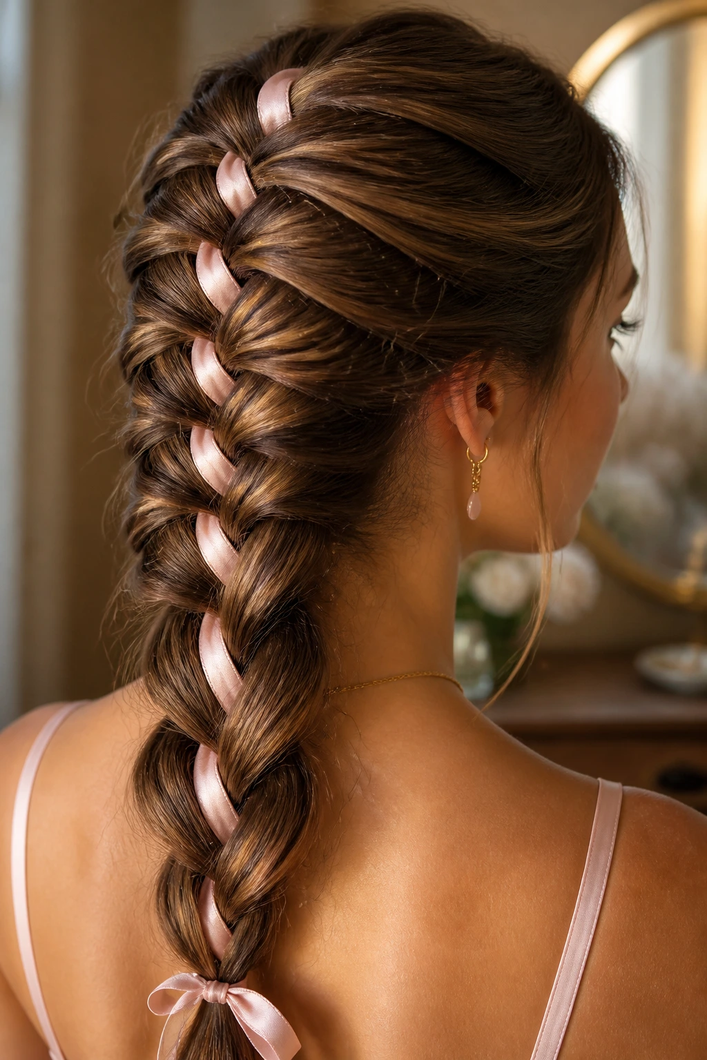 Close-up portrait of a real woman with ribbon-weaved French braid