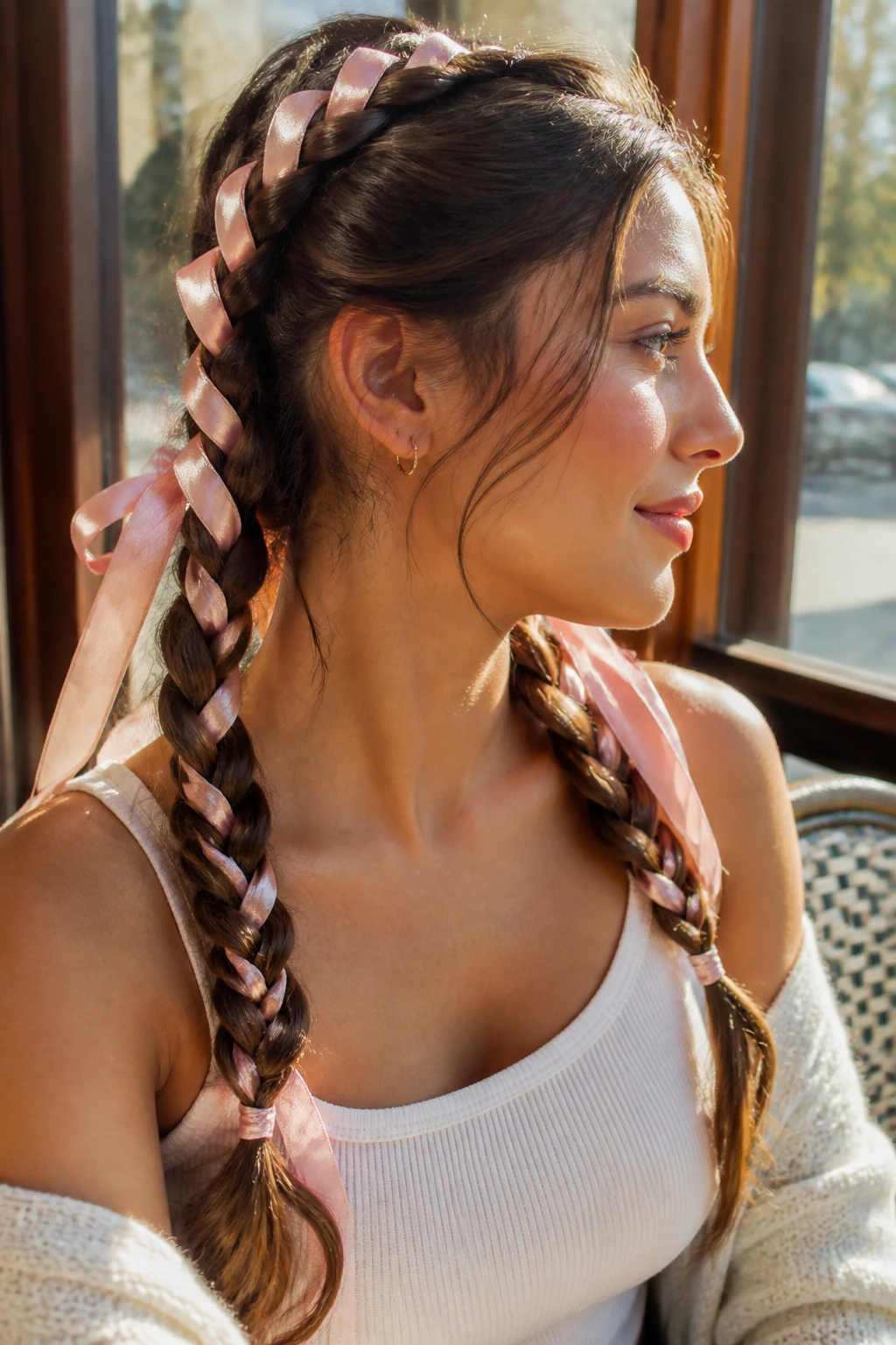 Close-up of real woman with ribbon-weaved pigtail braids in warm outdoor light