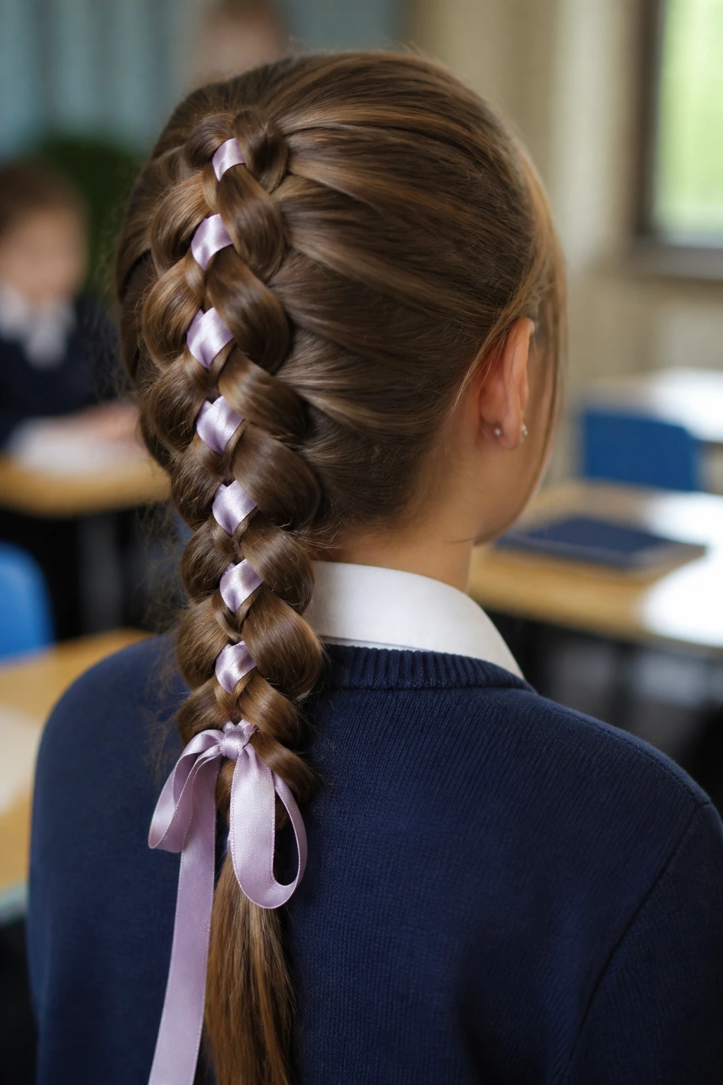 Rear view of a student with a ribbon-woven Dutch braid down the back of the head