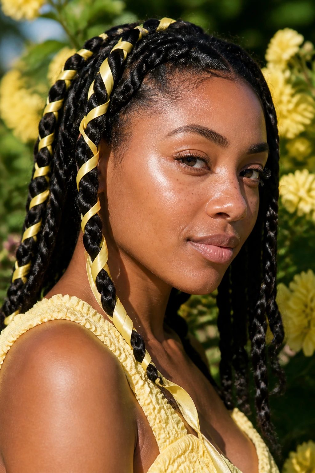 Close-up of a real woman with pastel yellow ribbon woven through two-strand twists