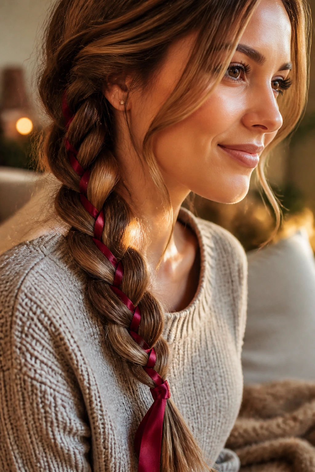 Close-up of a braid with a thin ribbon woven through it