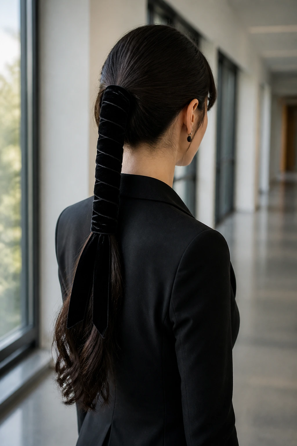 Rear three-quarter view of a ribbon-wrapped ponytail on a real person in an office
