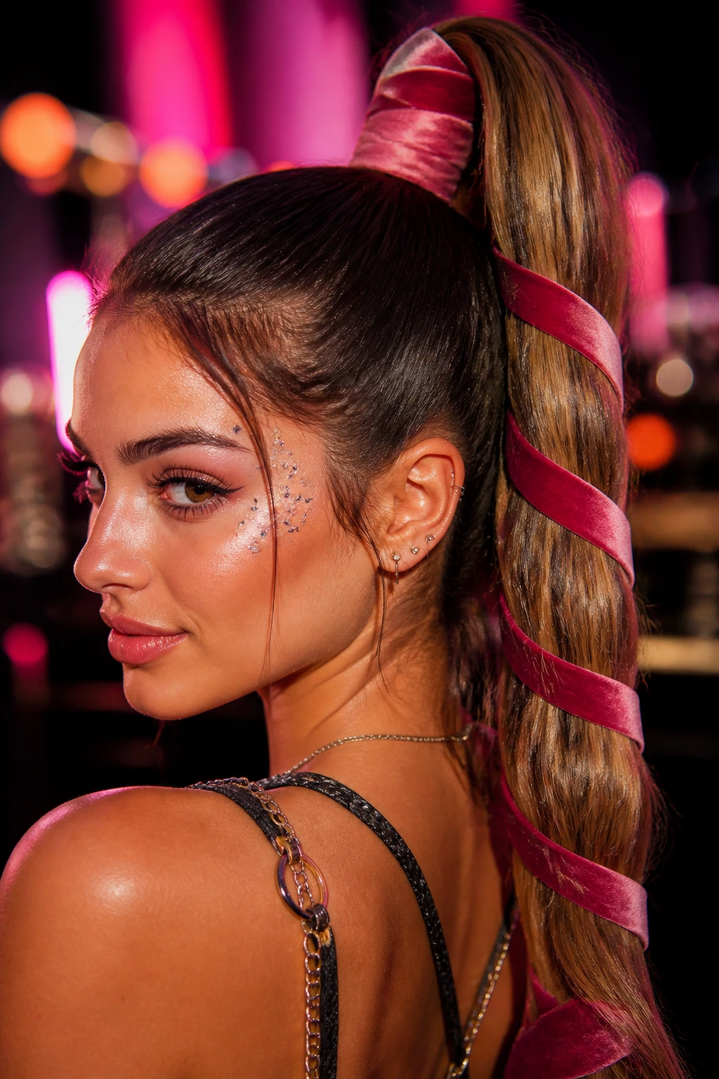 Close-up of ribbon-wrapped high ponytail on a real woman with velvet ribbon, backstage festival lighting
