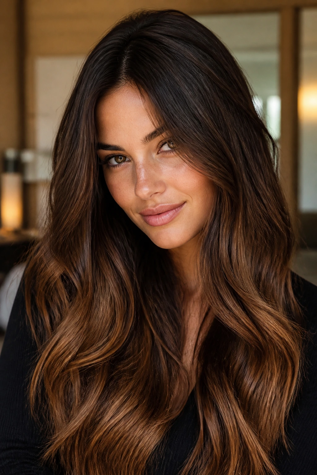 Close-up portrait of a real woman with Rich Chocolate Ombré hair